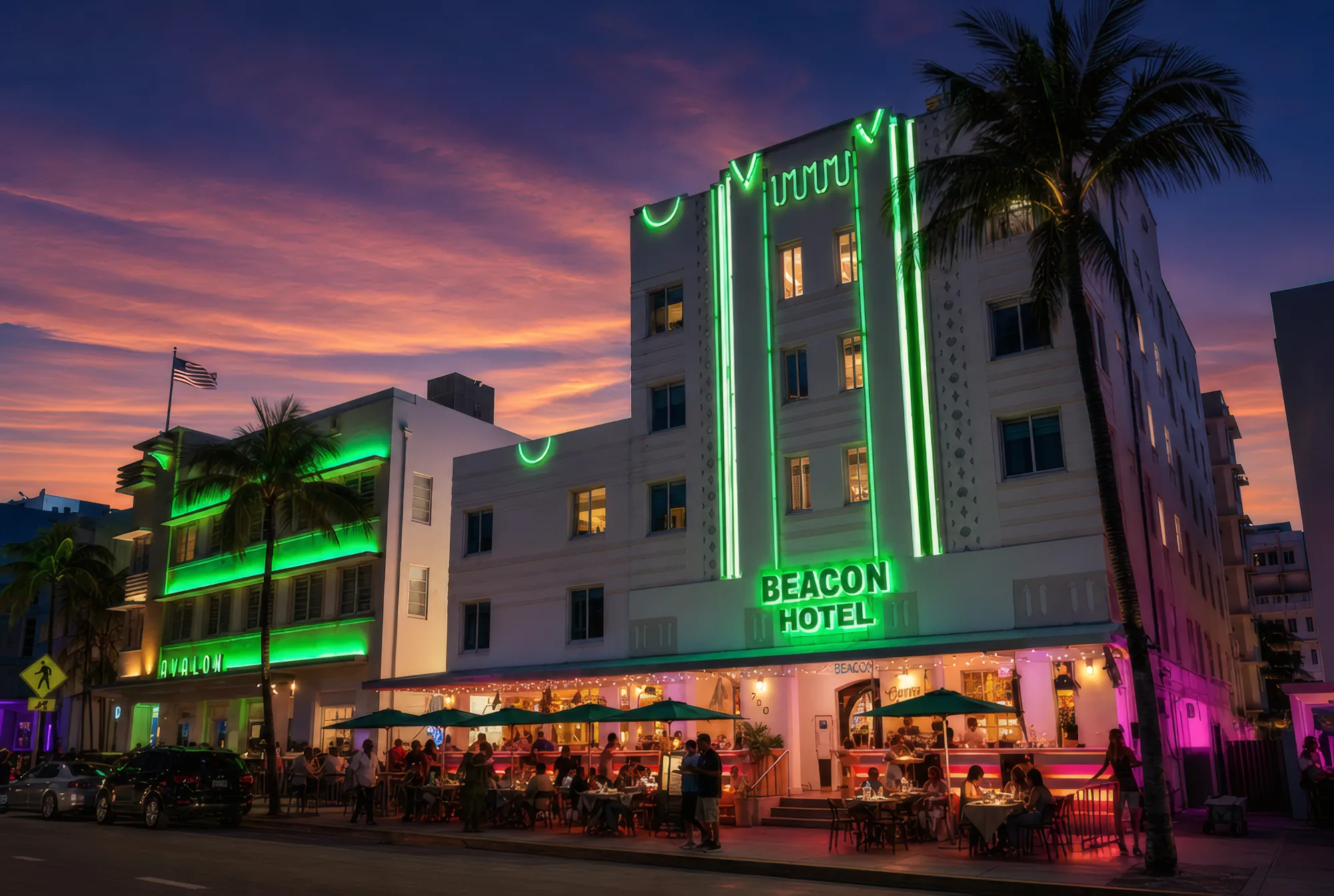 The Beacon’s green neon lit at dusk on Ocean Drive